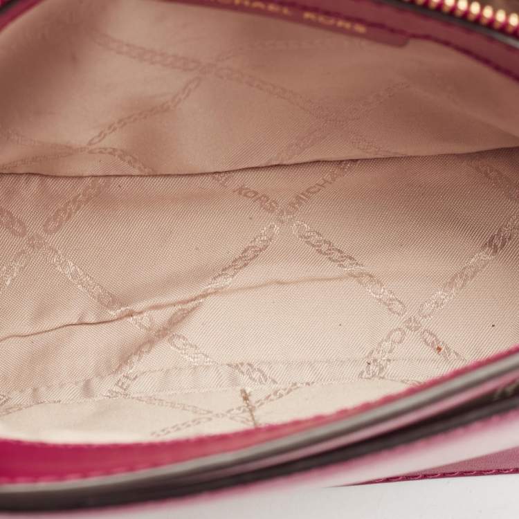 Pre Owned Michael Kors Dark Pink Striped Leather Jet Set Crossbody Bag