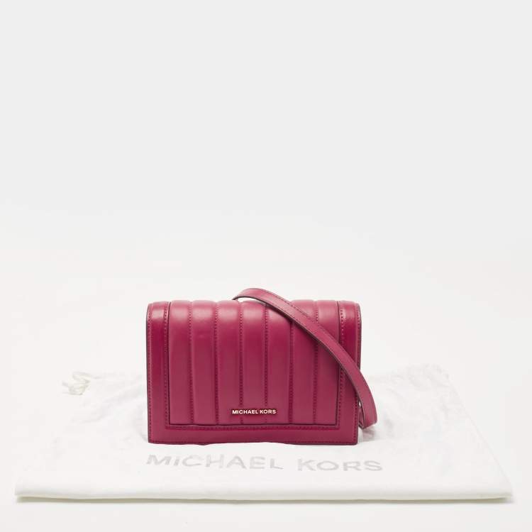 Pre Owned Michael Kors Dark Pink Striped Leather Jet Set Crossbody Bag