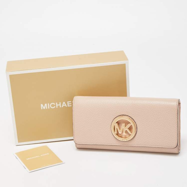 Pre Owned Michael Kors Pink Leather Fulton Flap Continental Wallet