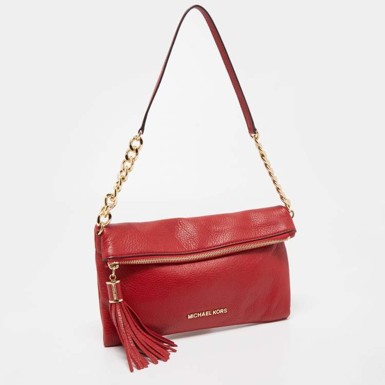Pre Owned Michael Kors Red Leather Fold Over Tassel Clutch Bag
