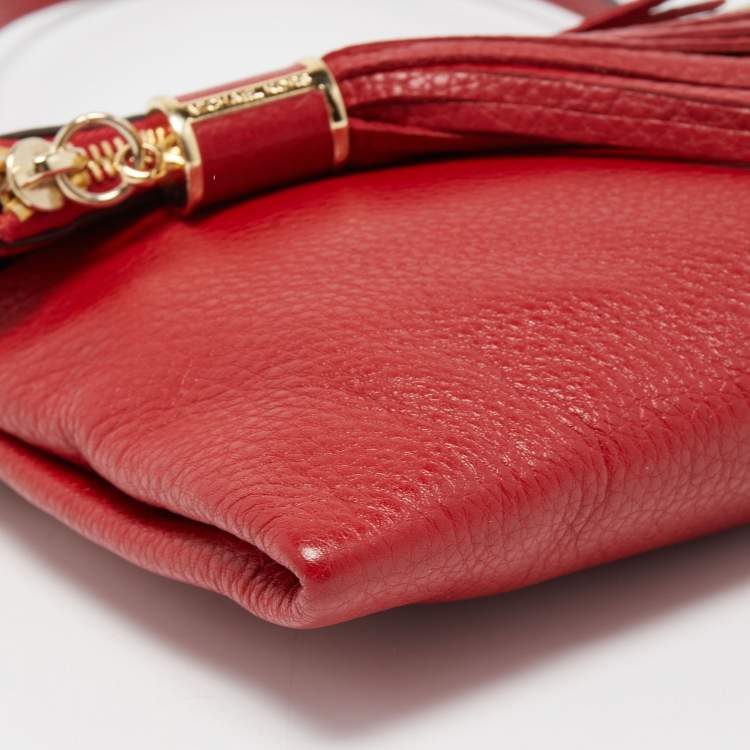 Pre Owned Michael Kors Red Leather Fold Over Tassel Clutch Bag