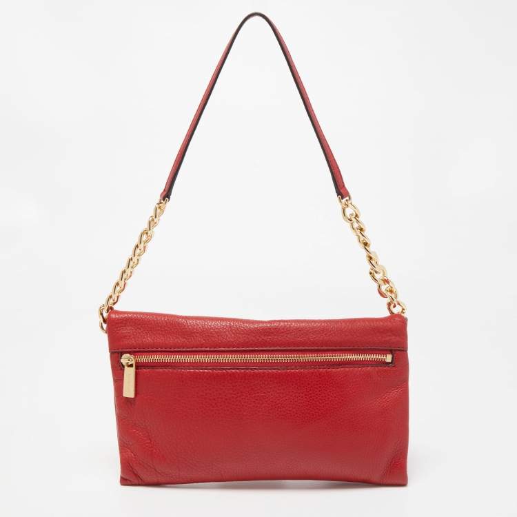 Pre Owned Michael Kors Red Leather Fold Over Tassel Clutch Bag