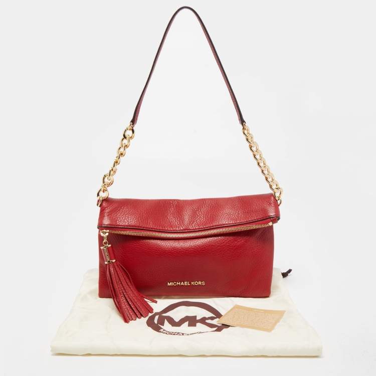 Pre Owned Michael Kors Red Leather Fold Over Tassel Clutch Bag