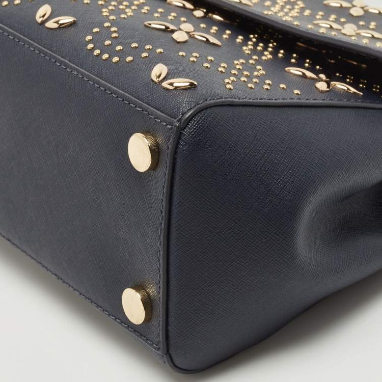 Pre Owned Michael Kors Navy Blue Studded Leather Medium Ava Top Handle Bag