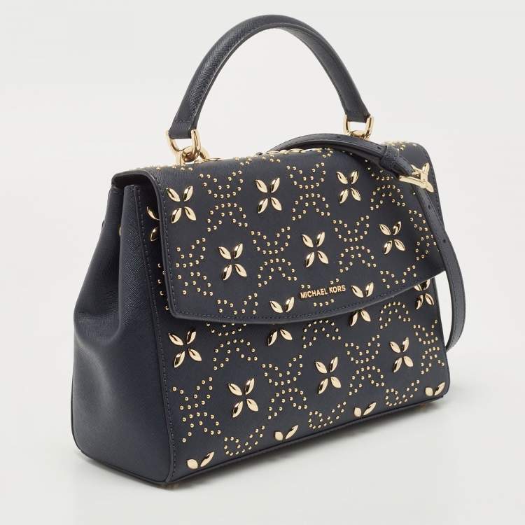 Pre Owned Michael Kors Navy Blue Studded Leather Medium Ava Top Handle Bag