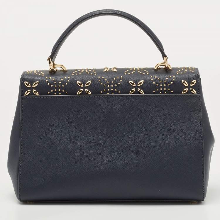 Pre Owned Michael Kors Navy Blue Studded Leather Medium Ava Top Handle Bag