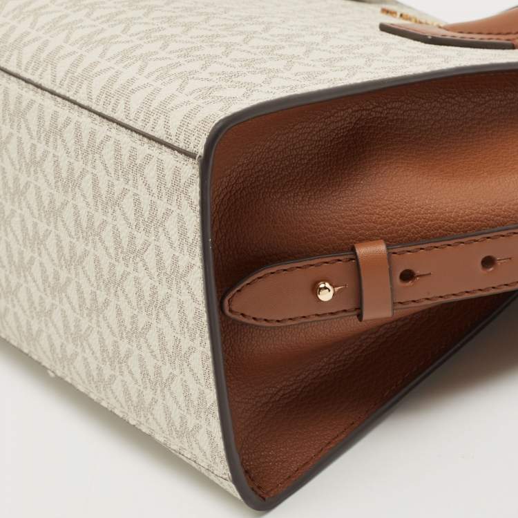 Pre Owned Michael Kors Brown/Off White Signature Coated Canvas and Leather Avril Satchel