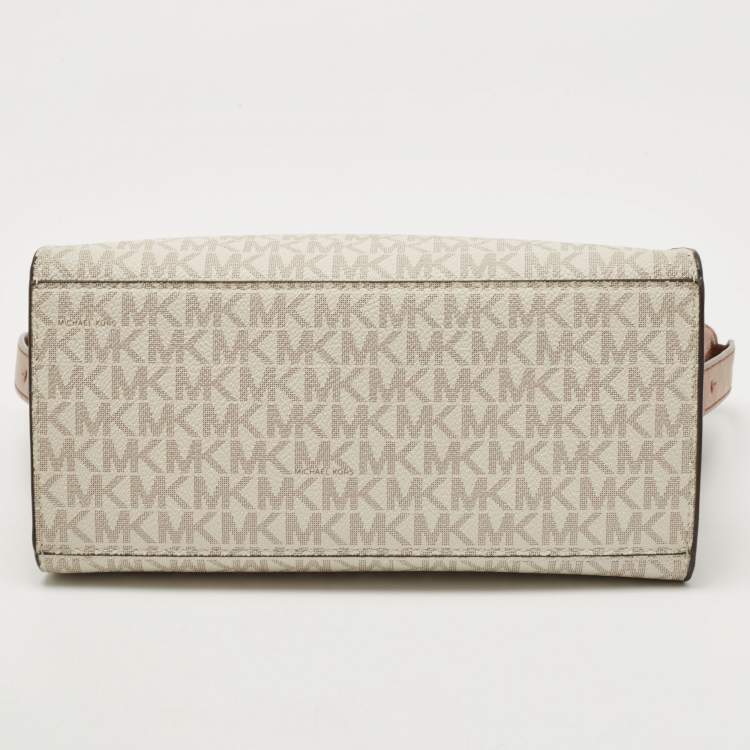 Pre Owned Michael Kors Brown/Off White Signature Coated Canvas and Leather Avril Satchel