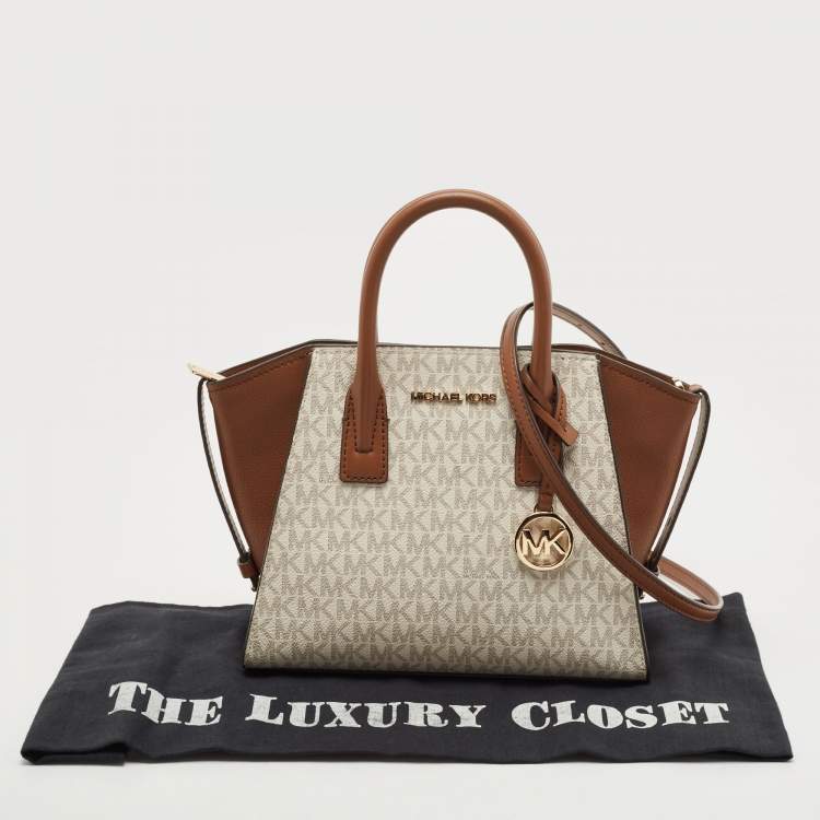 Pre Owned Michael Kors Brown/Off White Signature Coated Canvas and Leather Avril Satchel