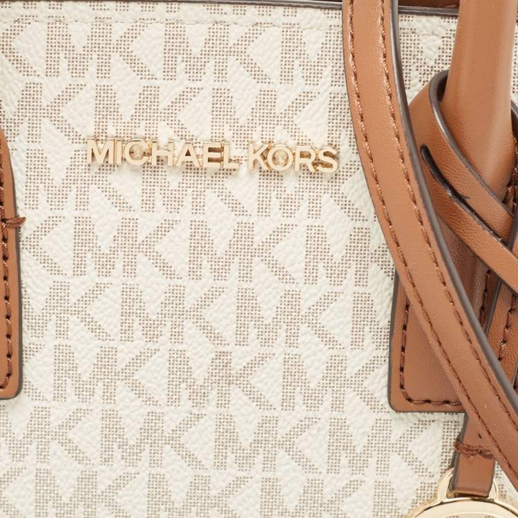 Pre Owned Michael Kors Brown/Off White Signature Coated Canvas and Leather Avril Satchel