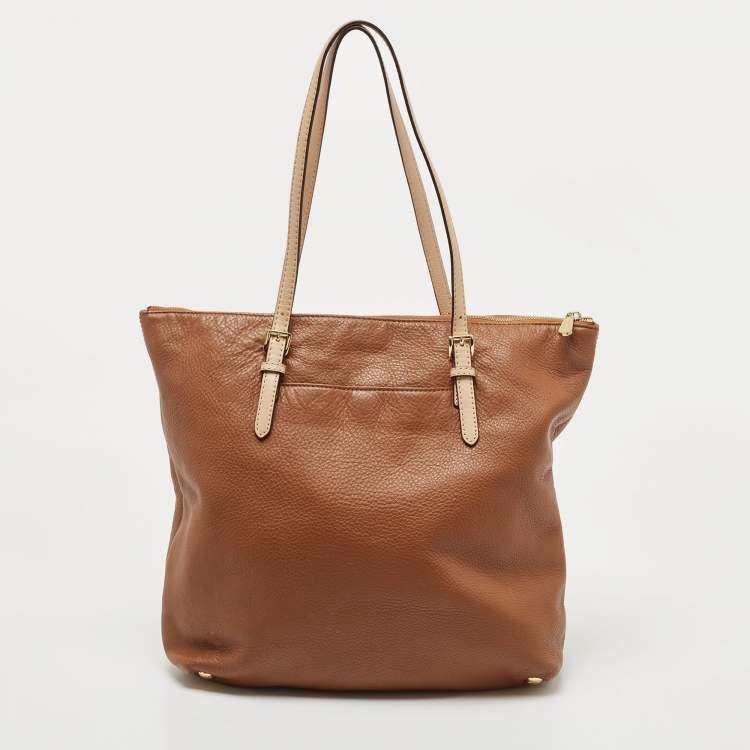 Pre Owned Michael Kors Brown/Beige Soft Leather Jet Set Zip Tote