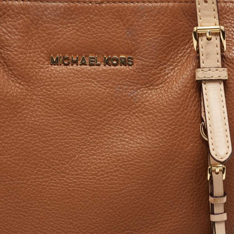 Pre Owned Michael Kors Brown/Beige Soft Leather Jet Set Zip Tote