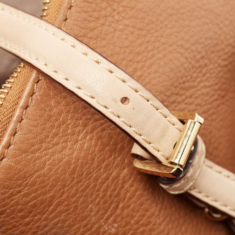 Pre Owned Michael Kors Brown/Beige Soft Leather Jet Set Zip Tote