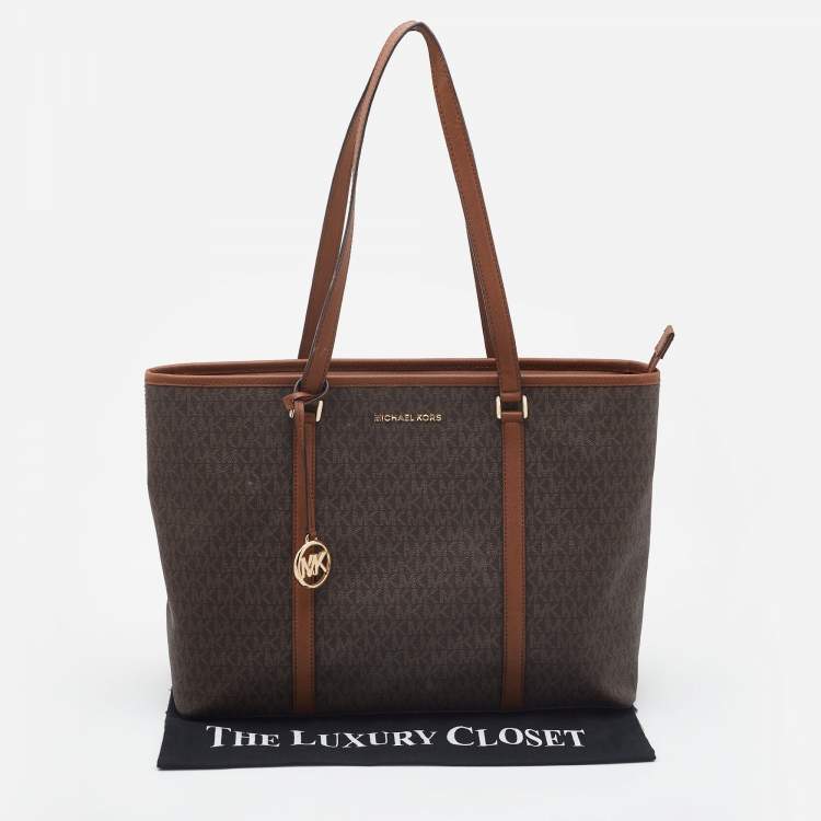 Pre Owned Michael Kors Brown/Tan Signature Coated Canvas Sady Shopper Tote