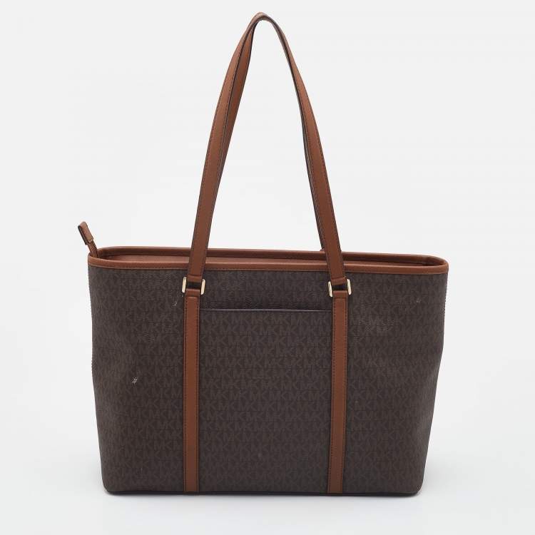 Pre Owned Michael Kors Brown/Tan Signature Coated Canvas Sady Shopper Tote