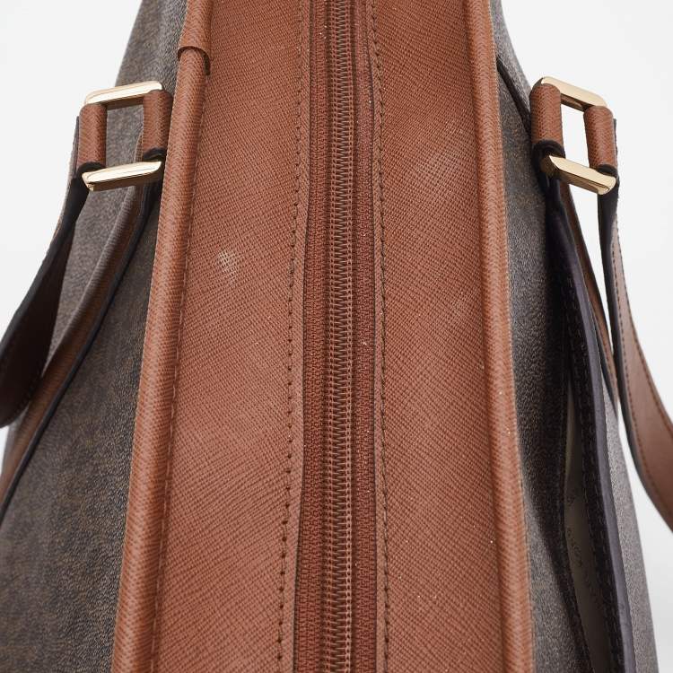 Pre Owned Michael Kors Brown/Tan Signature Coated Canvas Sady Shopper Tote