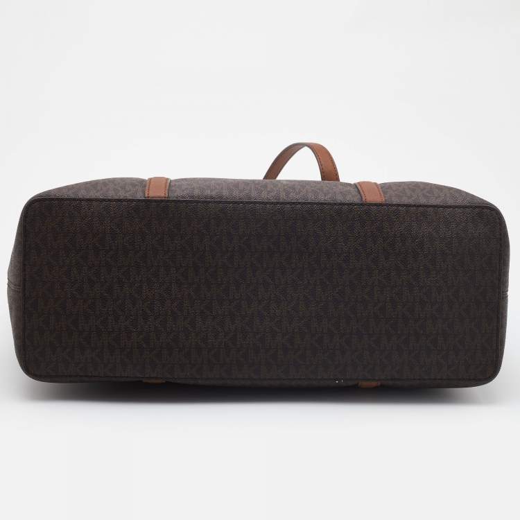 Pre Owned Michael Kors Brown/Tan Signature Coated Canvas Sady Shopper Tote