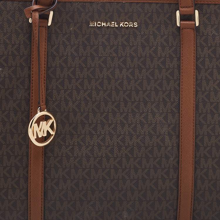 Pre Owned Michael Kors Brown/Tan Signature Coated Canvas Sady Shopper Tote