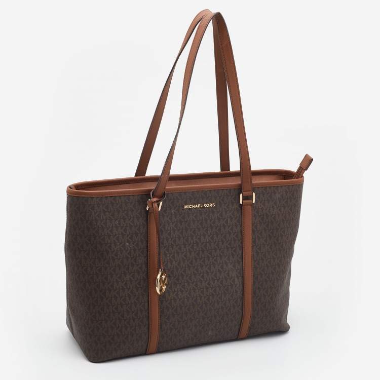 Pre Owned Michael Kors Brown/Tan Signature Coated Canvas Sady Shopper Tote