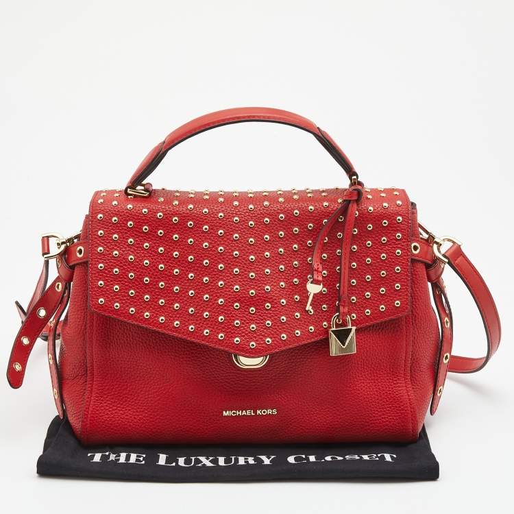 Pre Owned Michael Kors Red Leather Medium Studded Bristol Top Handle Bag