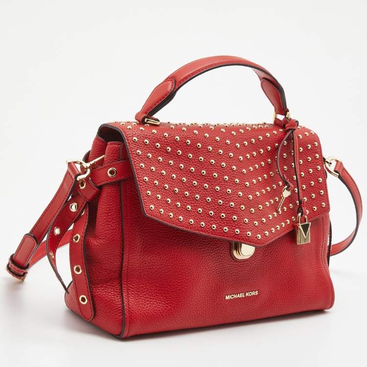 Pre Owned Michael Kors Red Leather Medium Studded Bristol Top Handle Bag