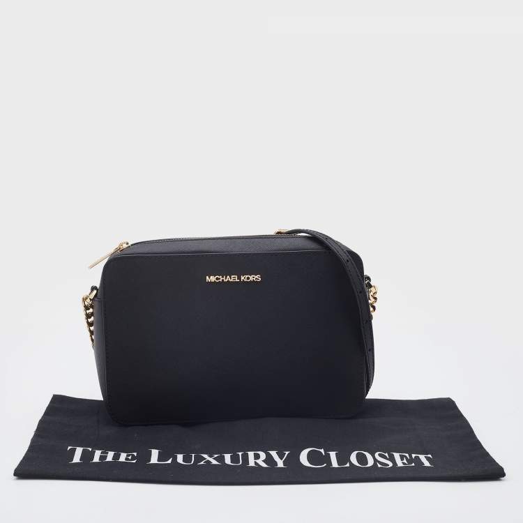 Pre Owned Michael Kors Black Saffiano Leather Jet Set Camera Crossbody Bag 