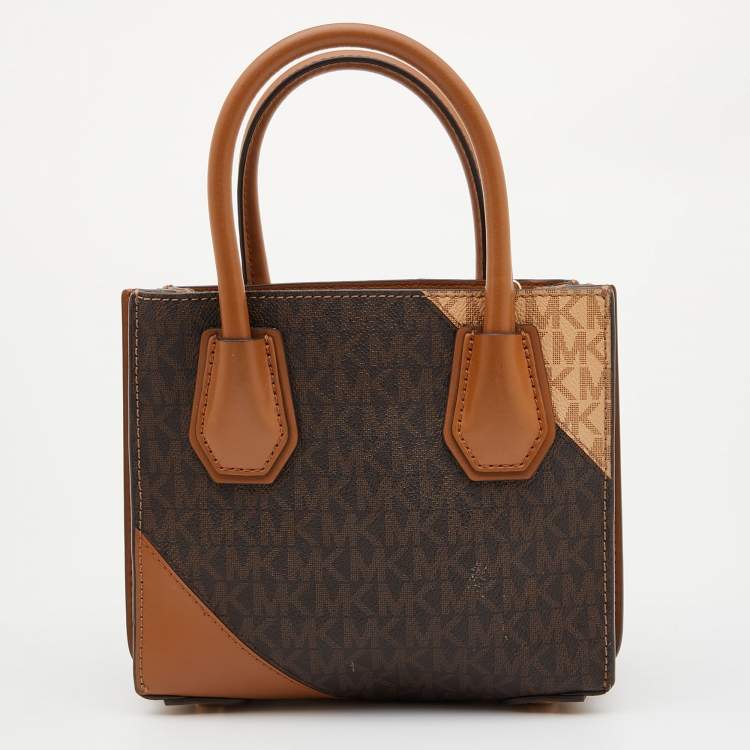 Pre Owned Michael Kors Brown/Tan Signature Coated Canvas and Leather Mercer Tote