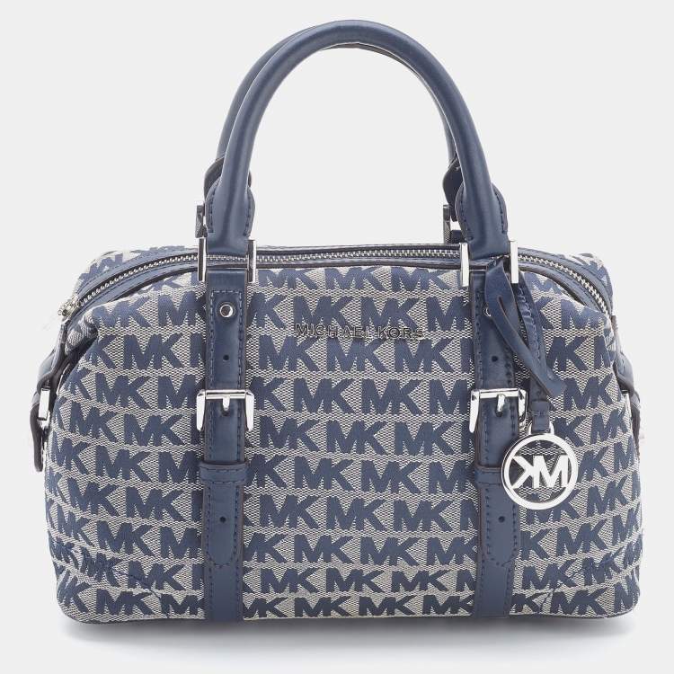 Pre Owned Michael Kors Grey/Blue Signature Canvas and Leather Zip Satchel