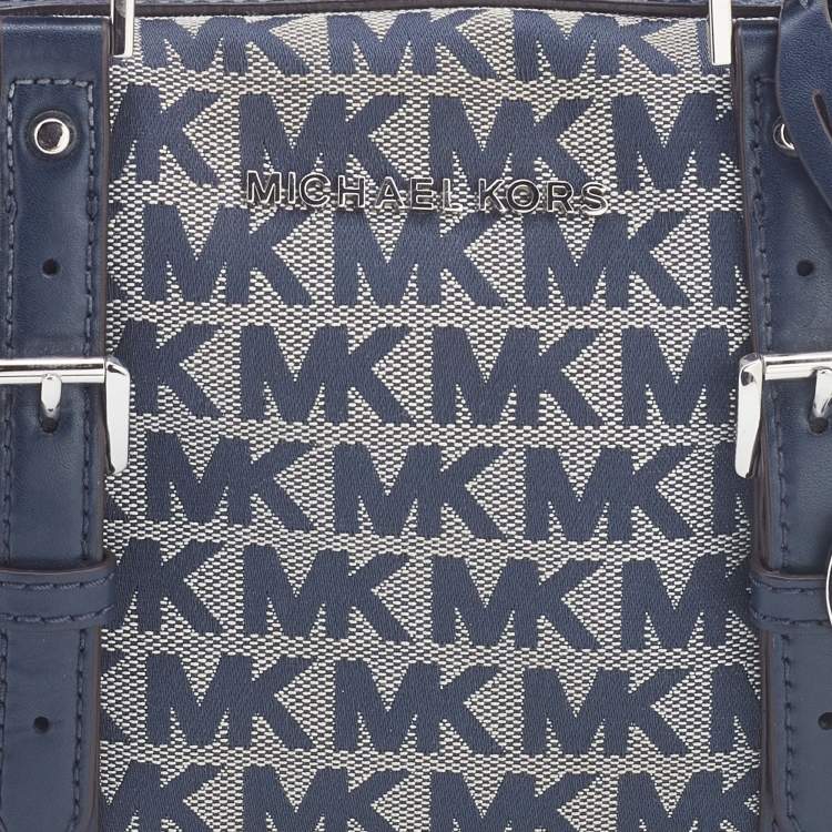 Pre Owned Michael Kors Grey/Blue Signature Canvas and Leather Zip Satchel