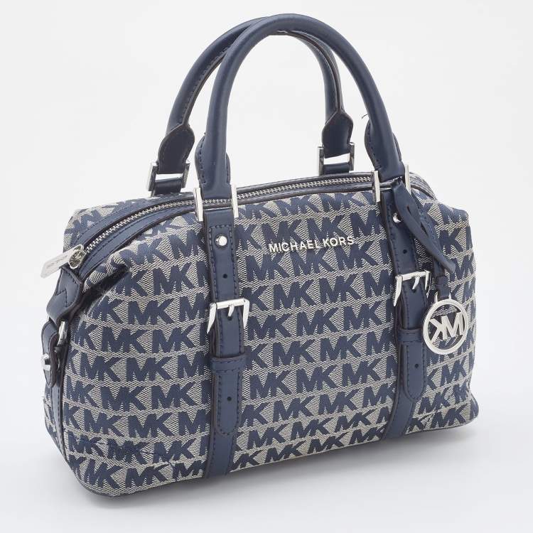 Pre Owned Michael Kors Grey/Blue Signature Canvas and Leather Zip Satchel