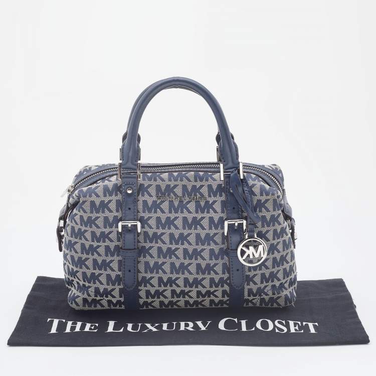 Pre Owned Michael Kors Grey/Blue Signature Canvas and Leather Zip Satchel