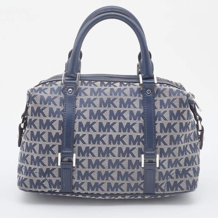 Pre Owned Michael Kors Grey/Blue Signature Canvas and Leather Zip Satchel