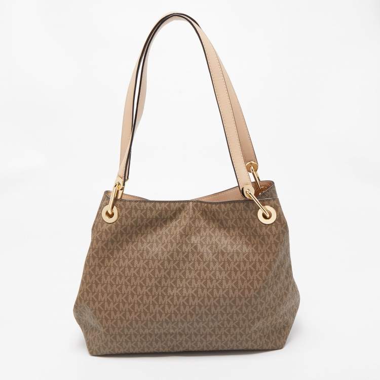 Pre Owned MICHAEL Michael Kors Beige/Brown Signature Coated Canvas and Leather Raven Shoulder Bag