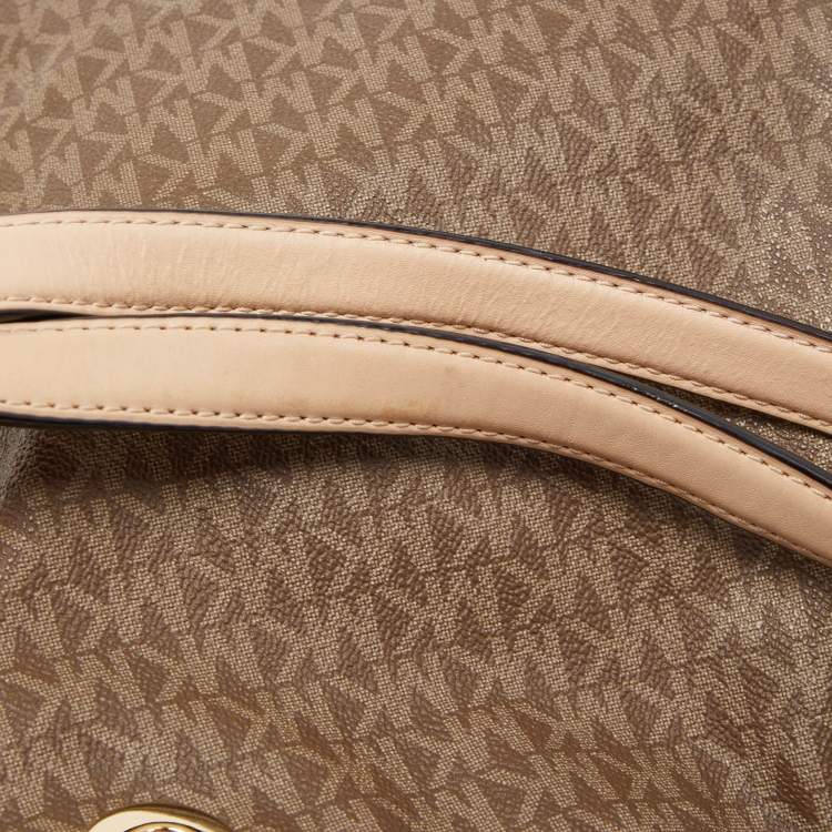 Pre Owned MICHAEL Michael Kors Beige/Brown Signature Coated Canvas and Leather Raven Shoulder Bag