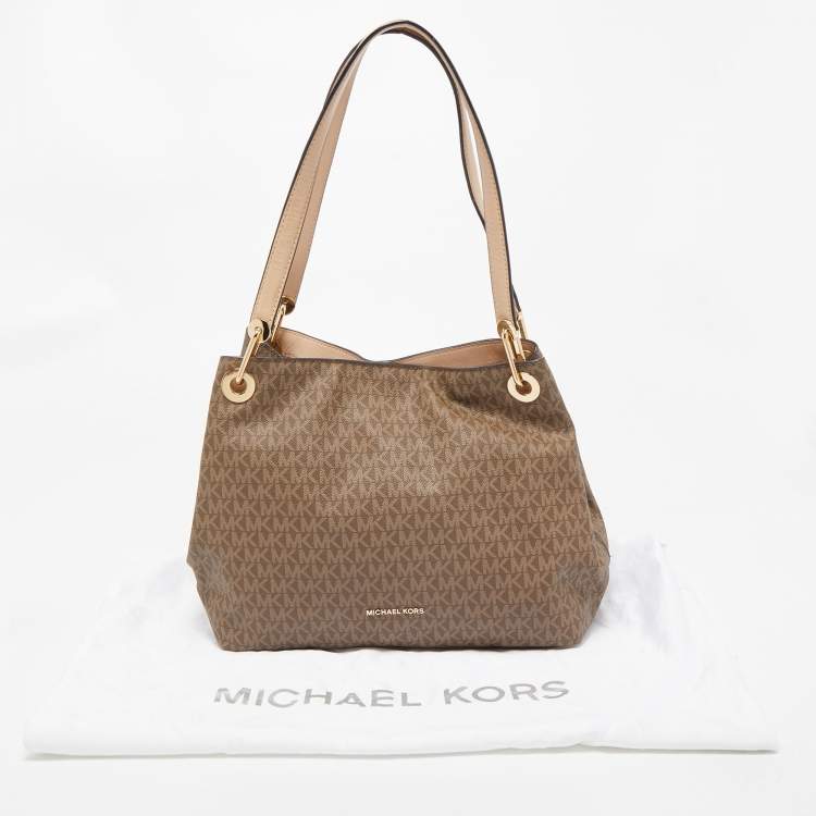 Pre Owned MICHAEL Michael Kors Beige/Brown Signature Coated Canvas and Leather Raven Shoulder Bag