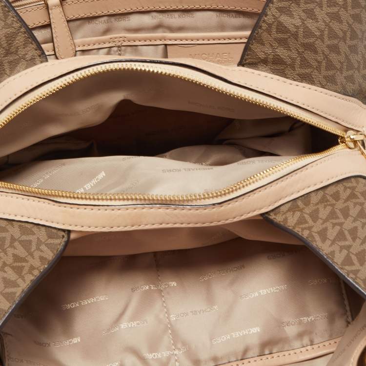 Pre Owned MICHAEL Michael Kors Beige/Brown Signature Coated Canvas and Leather Raven Shoulder Bag