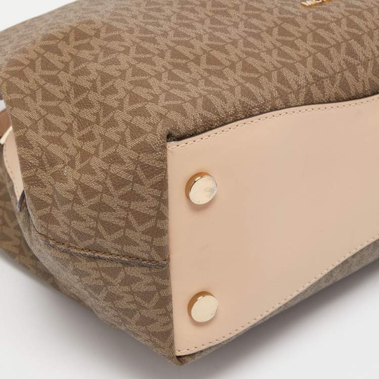 Pre Owned MICHAEL Michael Kors Beige/Brown Signature Coated Canvas and Leather Raven Shoulder Bag