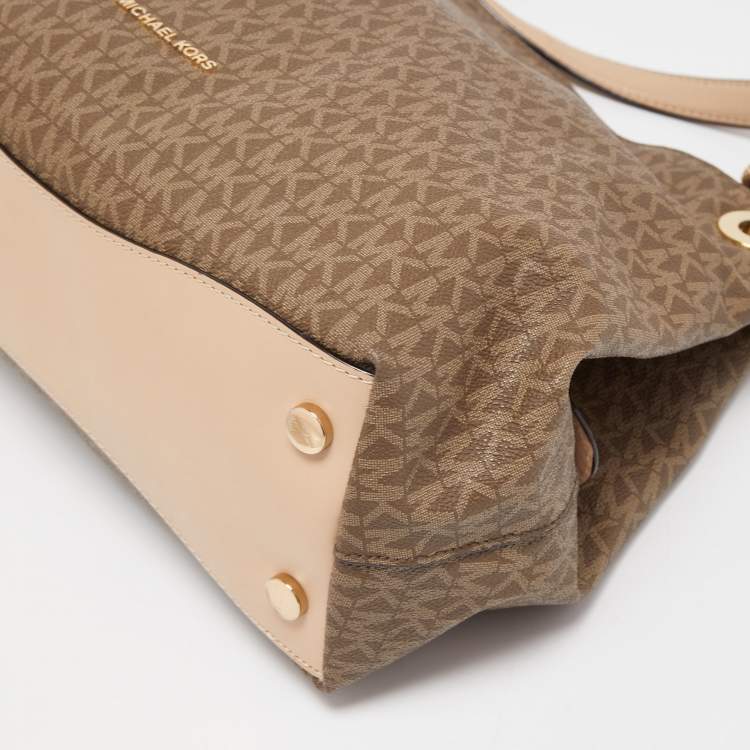 Pre Owned MICHAEL Michael Kors Beige/Brown Signature Coated Canvas and Leather Raven Shoulder Bag