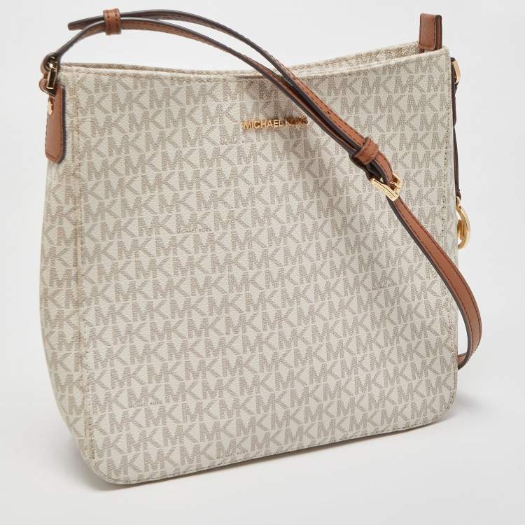 Pre Owned Michael Kors White/Brown Signature Coated Canvas and Leather Large Jet Set Travel Messenger Bag