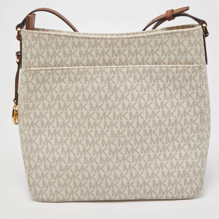 Pre Owned Michael Kors White/Brown Signature Coated Canvas and Leather Large Jet Set Travel Messenger Bag