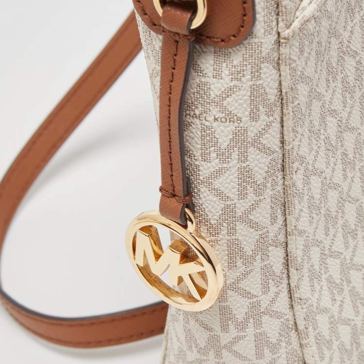Pre Owned Michael Kors White/Brown Signature Coated Canvas and Leather Large Jet Set Travel Messenger Bag