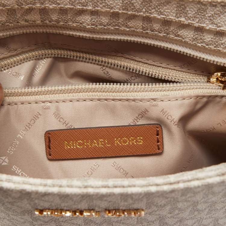 Pre Owned Michael Kors White/Brown Signature Coated Canvas and Leather Large Jet Set Travel Messenger Bag