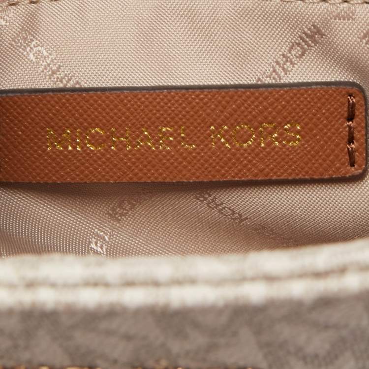 Pre Owned Michael Kors White/Brown Signature Coated Canvas and Leather Large Jet Set Travel Messenger Bag