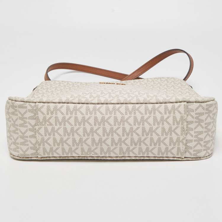 Pre Owned Michael Kors White/Brown Signature Coated Canvas and Leather Large Jet Set Travel Messenger Bag