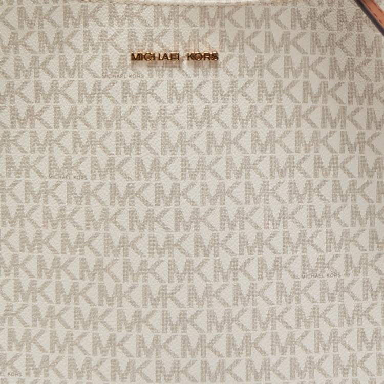 Pre Owned Michael Kors White/Brown Signature Coated Canvas and Leather Large Jet Set Travel Messenger Bag