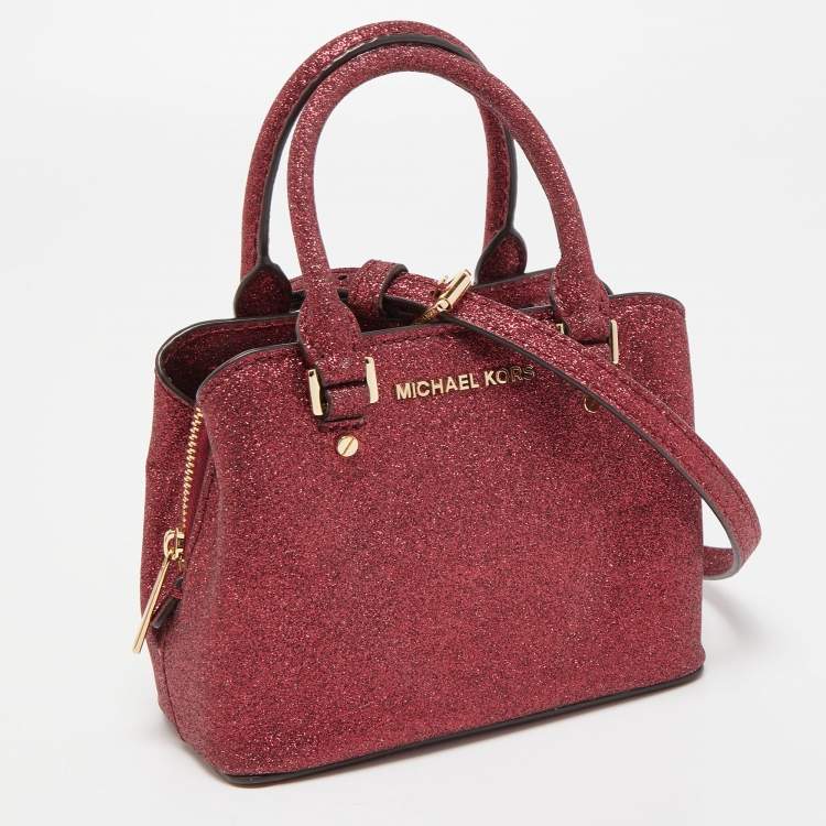 Pre Owned Michael Kors Red Glitter Fabric XS Savannah Top Handle Bag
