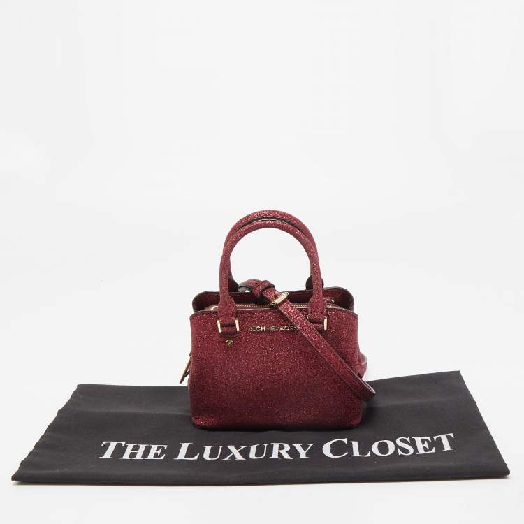 Pre Owned Michael Kors Red Glitter Fabric XS Savannah Top Handle Bag