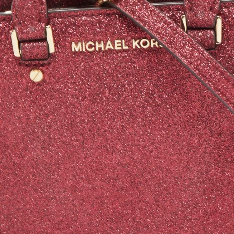 Pre Owned Michael Kors Red Glitter Fabric XS Savannah Top Handle Bag