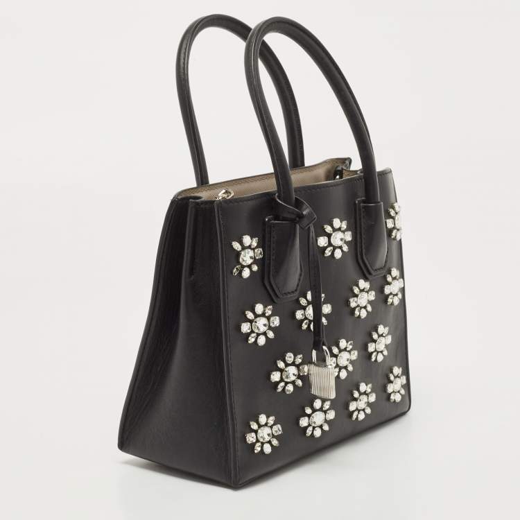 Pre Owned Michael Kors Black Leather Small Crystals Embellished Mercer Tote