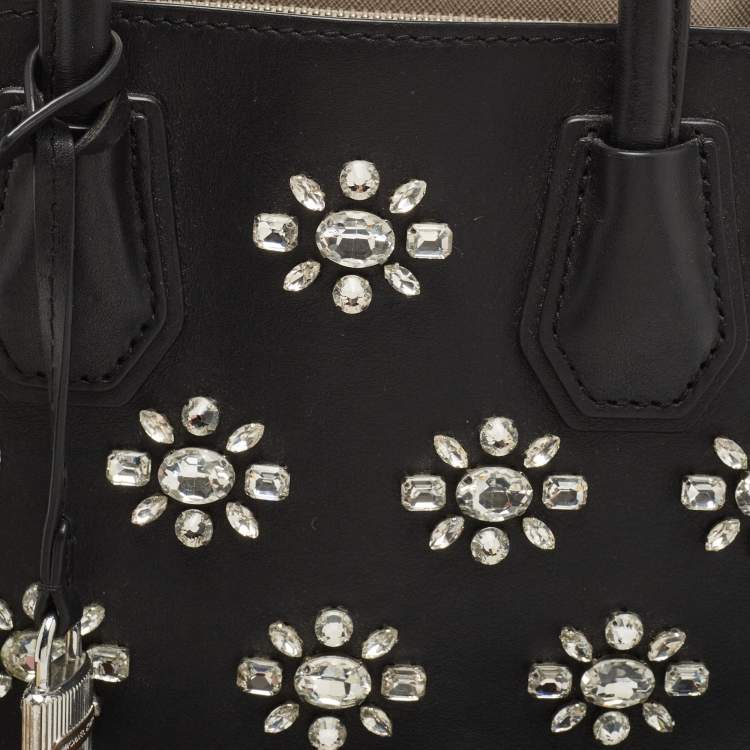 Pre Owned Michael Kors Black Leather Small Crystals Embellished Mercer Tote